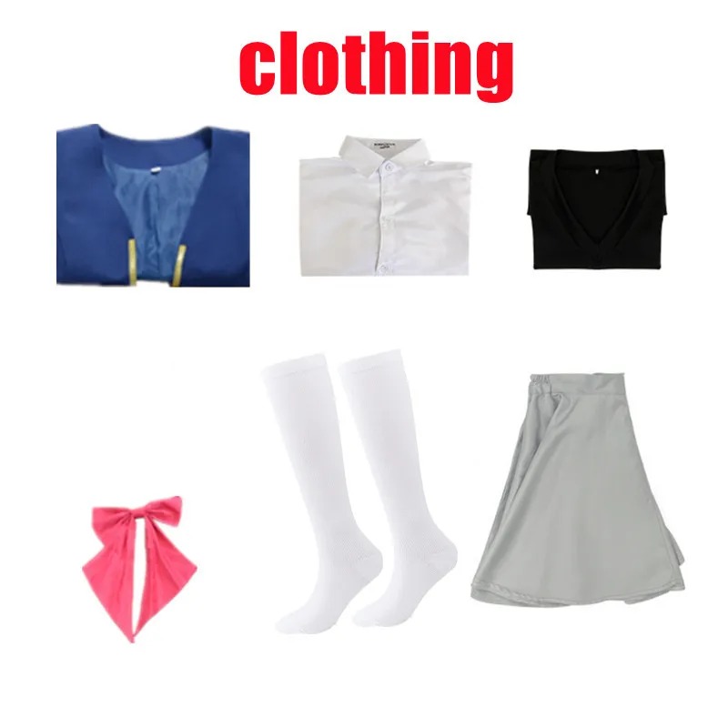 Peças do cosplay da Ruby, de Oshi no Ko: casaco, camisa, colete, saia, laço rosa e meias brancas
