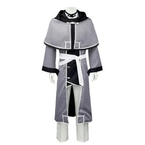 Traje cosplay do Rudeus Greyrat de Mushoku Tensei em manequim, com xale cinza de capuz e cinto branco