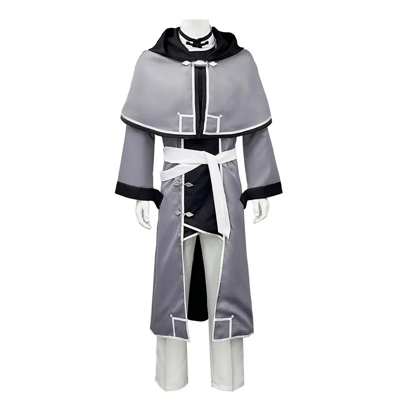 Traje cosplay do Rudeus Greyrat de Mushoku Tensei em manequim, com xale cinza de capuz e cinto branco