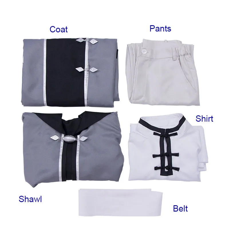 Peças do cosplay do Rudeus Greyrat de Mushoku Tensei: casaco, calça, camisa, xale e cinto