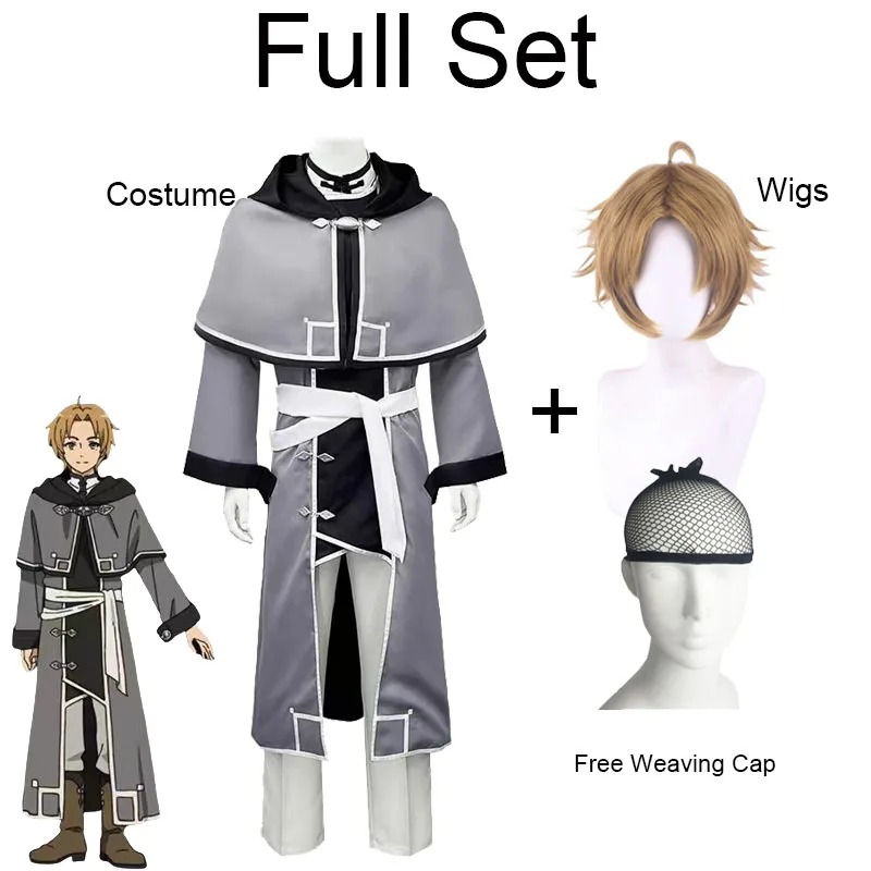 Conjunto completo do cosplay do Rudeus Greyrat com traje cinza, peruca castanha e touca de tela
