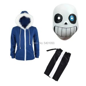 Cosplay do Sans, de Undertale: casaco azul com capuz de pelúcia, shorts preto com listra branca e máscara de caveira
