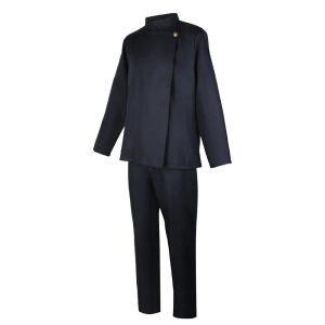 Uniforme azul-escuro do Satoru Gojo, de Jujutsu Kaisen, com casaco de gola alta e calça