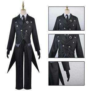 Traje de mordomo do cosplay do Sebastian Michaelis, de Black Butler: casaca preta com corrente e gravata