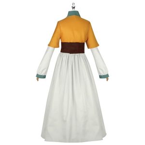Traje de criada da Shisui em manequim, blusa amarela e saia branca, Diários de uma Apotecária