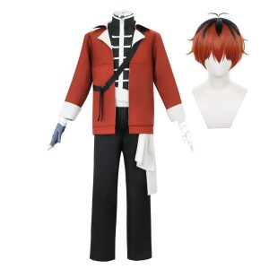 Cosplay do Stark, de Frieren e a Jornada para o Além, com jaqueta vermelha, calça preta e a peruca ruiva