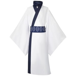 Cosplay do Sukuna, de Jujutsu Kaisen: quimono branco com gola azul-marinho e faixa estampada com triângulos