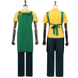 Cosplay do Taro Sakamoto, de Sakamoto Days, de frente e de costas: avental verde, camiseta amarela e calça