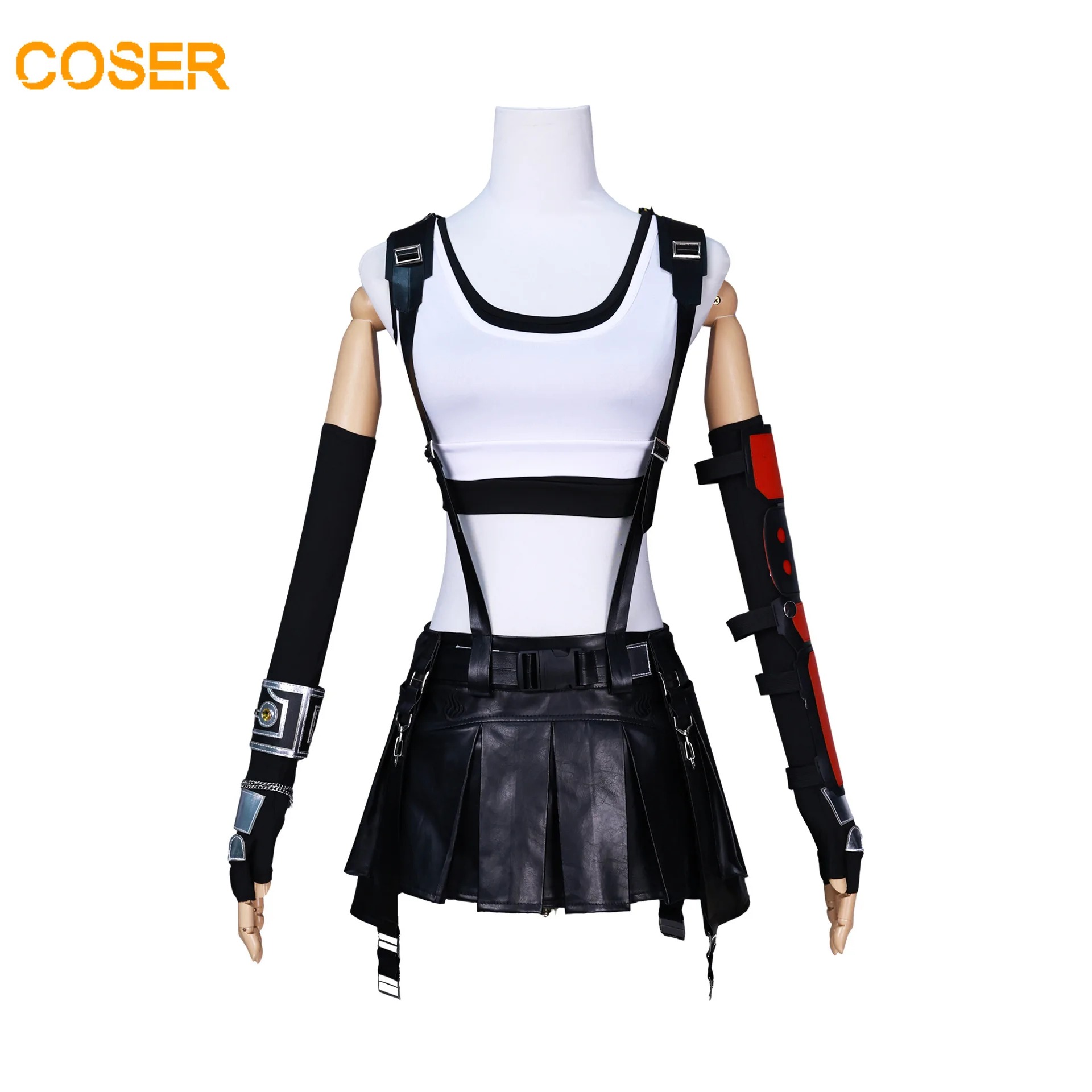 Traje da Tifa, de Final Fantasy VII: camiseta branca, suspensórios pretos, saia plissada preta e luvas