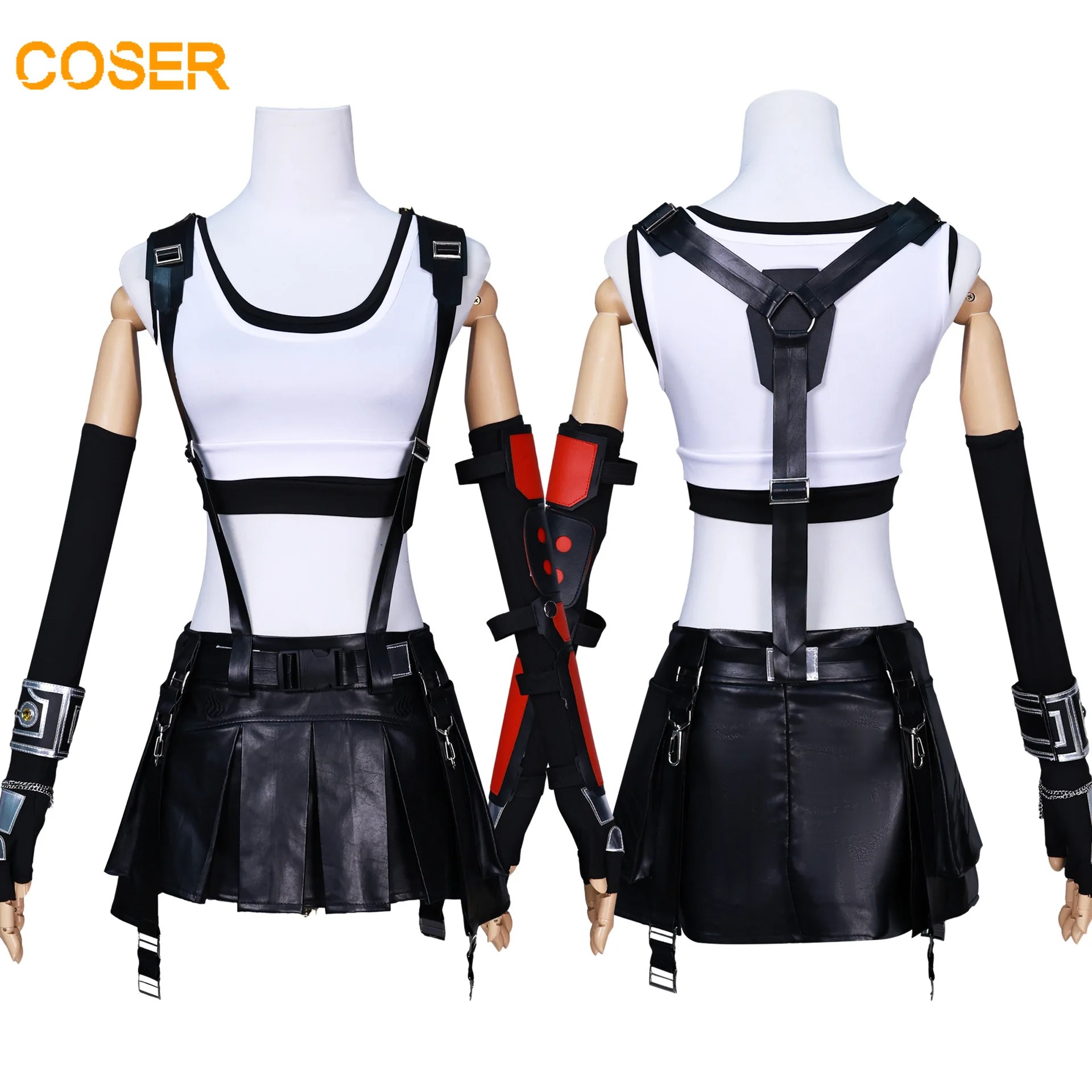 Cosplay da Tifa Lockhart visto de frente e de costas, com suspensórios e braçadeira vermelha