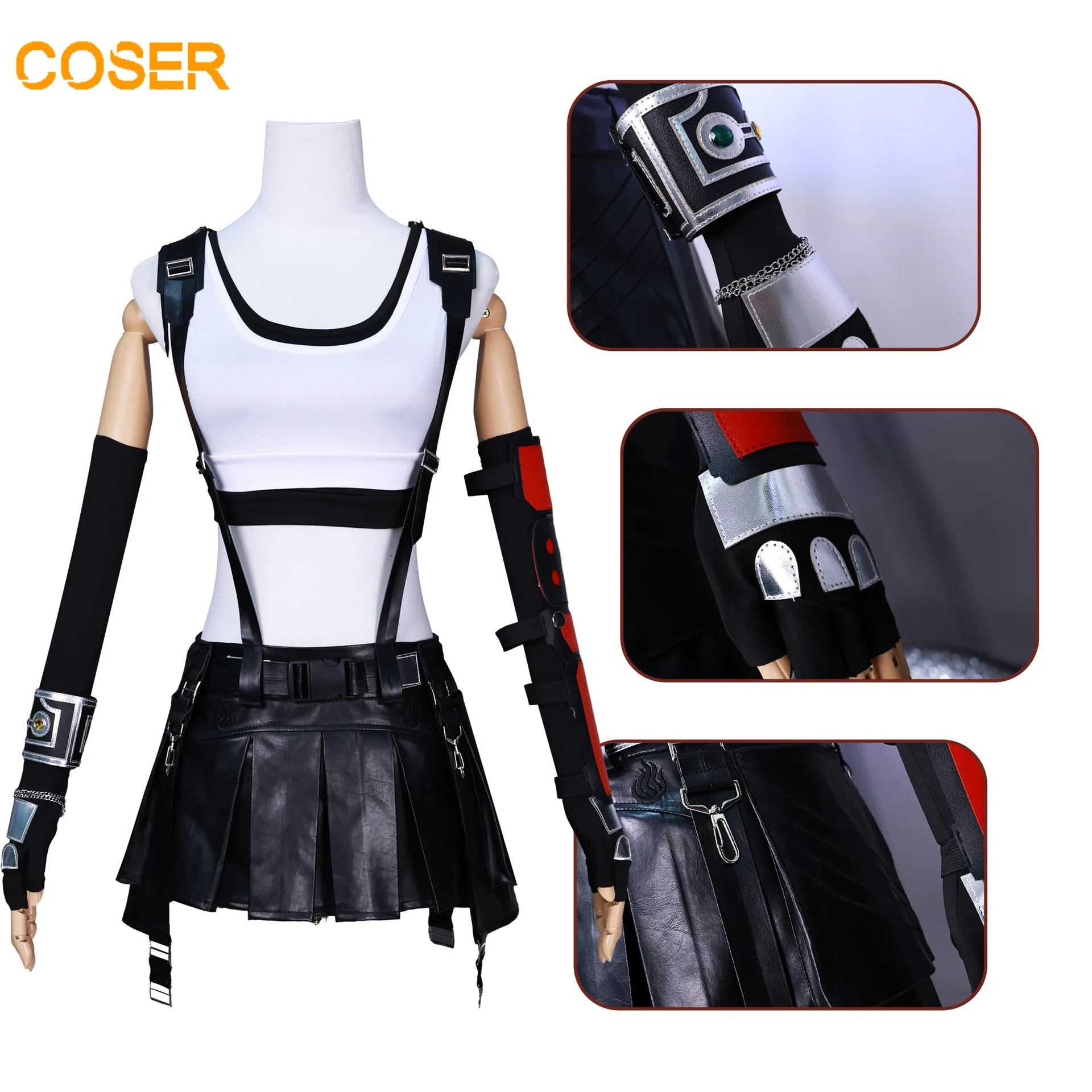 Detalhes da braçadeira, da luva e dos suspensórios do cosplay da Tifa, de Final Fantasy VII
