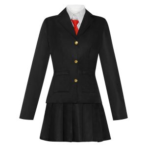 Uniforme escolar da Tomie, de Junji Ito: blazer preto com botões dourados, camisa branca, gravata vermelha e saia