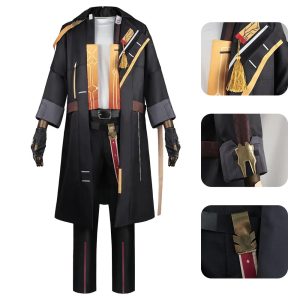 Cosplay do Trailblazer de Honkai: Star Rail em manequim: casaco longo preto com detalhes dourados, frente e costas