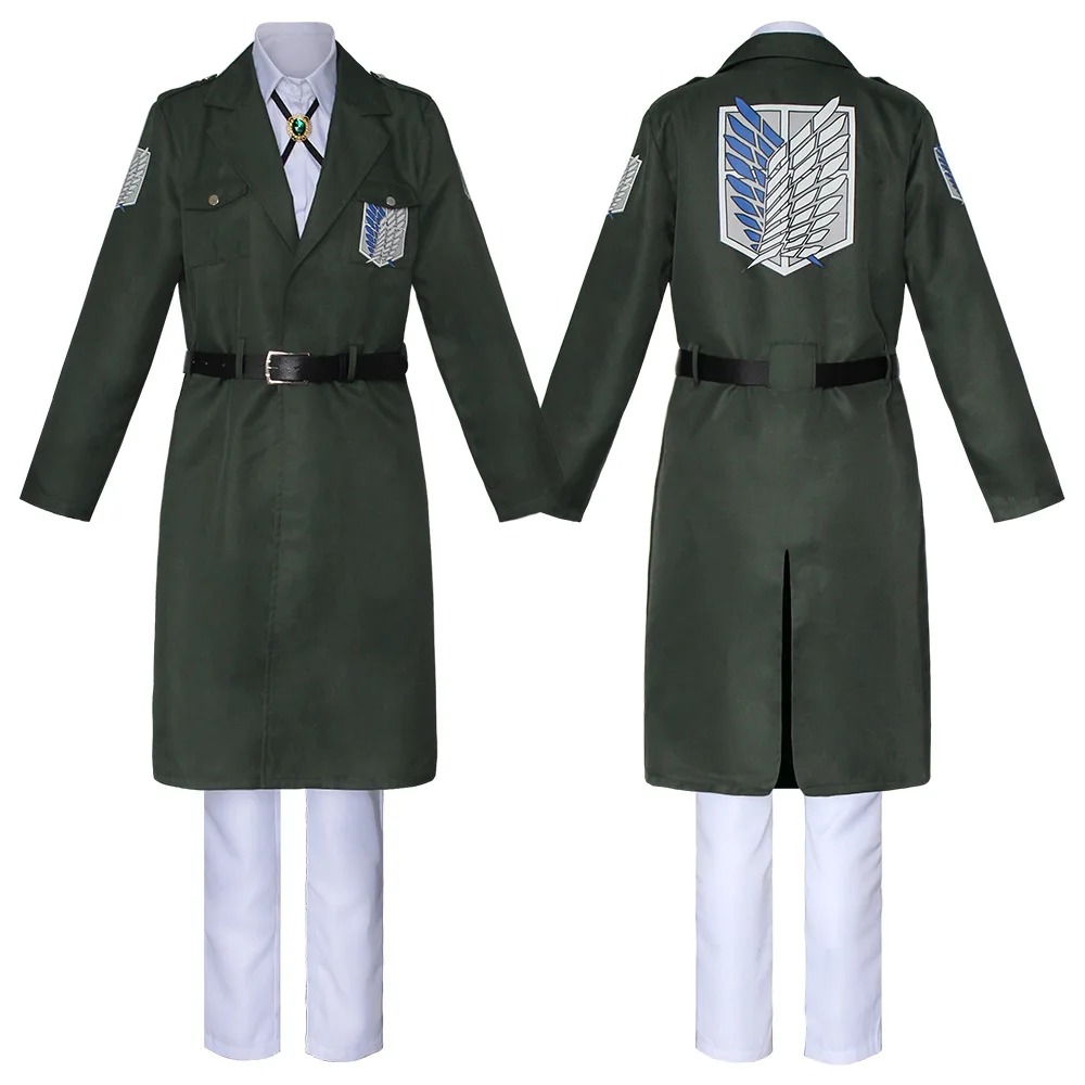 Sobretudo verde da Tropa de Exploração, de Attack on Titan, de frente e de costas com o emblema das Asas da Liberdade
