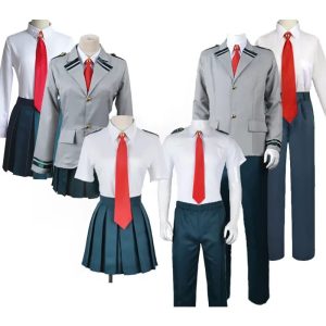Uniforme escolar da U.A., de My Hero Academia, com camisa branca, gravata vermelha, jaqueta cinza e calça ou saia verde