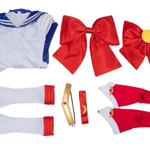 Peças do cosplay da Sailor Moon: blusa de marinheiro, laços vermelhos, luvas e braçadeiras