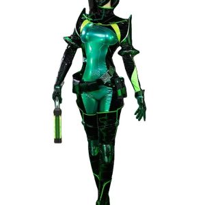 Cosplay da Viper, de Valorant, vestido por modelo: macacão verde e preto, máscara, luvas e peruca preta