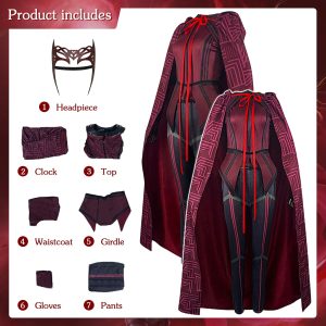 Itens do cosplay da Feiticeira Escarlate, da Marvel: tiara, capa com capuz, blusa, colete, cinto, luvas e calça