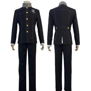 Uniforme escolar preto do Yu Narukami, de Persona 4, visto de frente e de costas, com casaco e calça