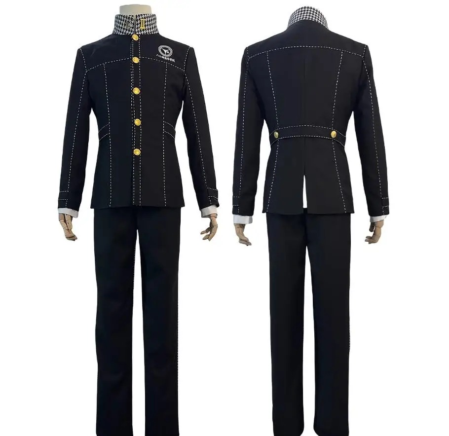 Uniforme escolar preto do Yu Narukami, de Persona 4, visto de frente e de costas, com casaco e calça