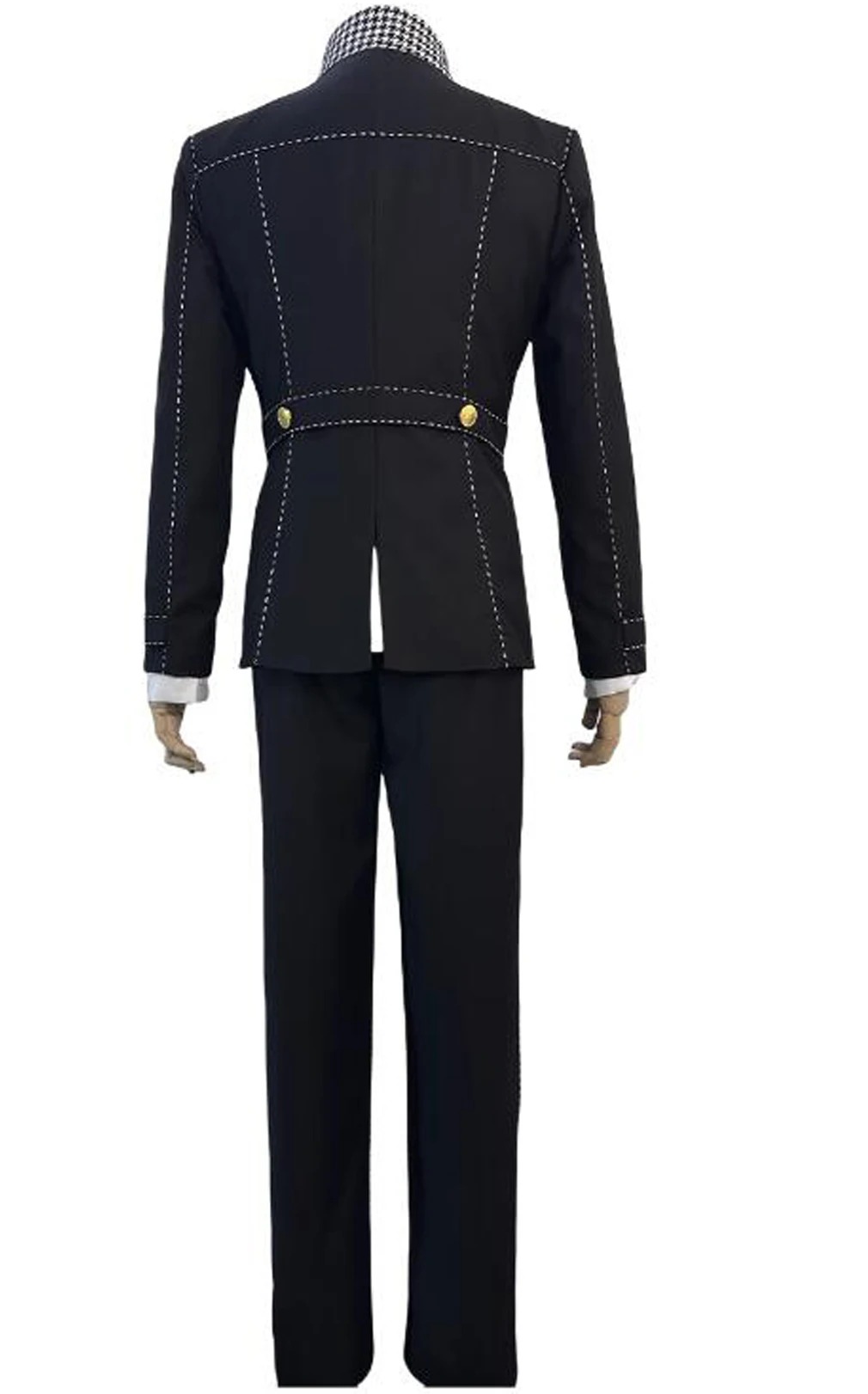 Uniforme do Yu Narukami de Persona 4 visto de costas, com casaco e calça pretos