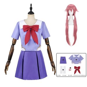 Uniforme de cosplay da Yuno Gasai, de Mirai Nikki, com blusa lilás de gola marinheiro, laço vermelho e saia roxa