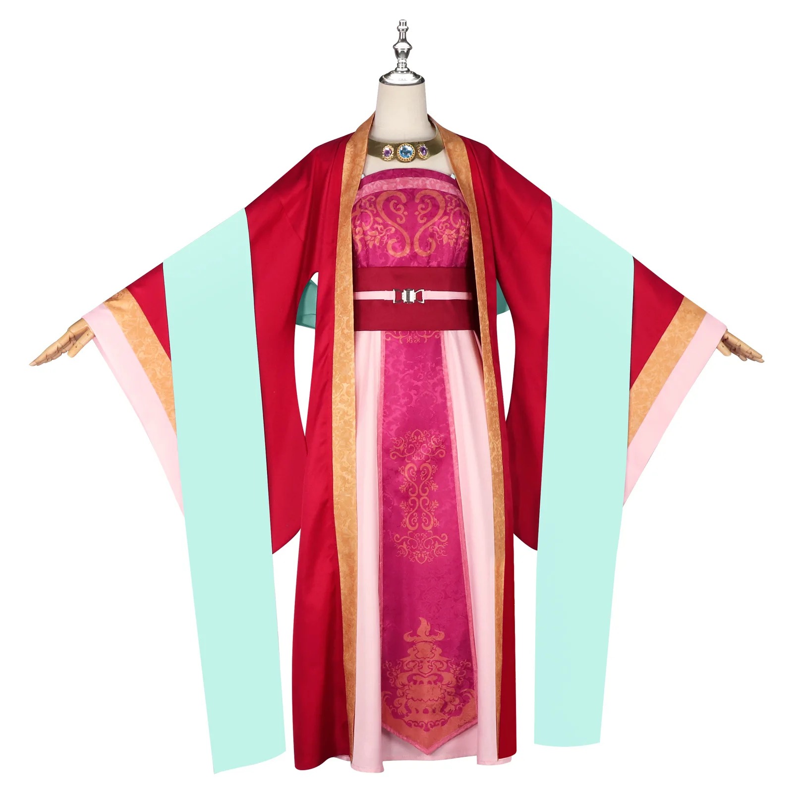 Traje da Yuye em manequim, hanfu vermelho com manto verde-água, Diários de uma Apotecária
