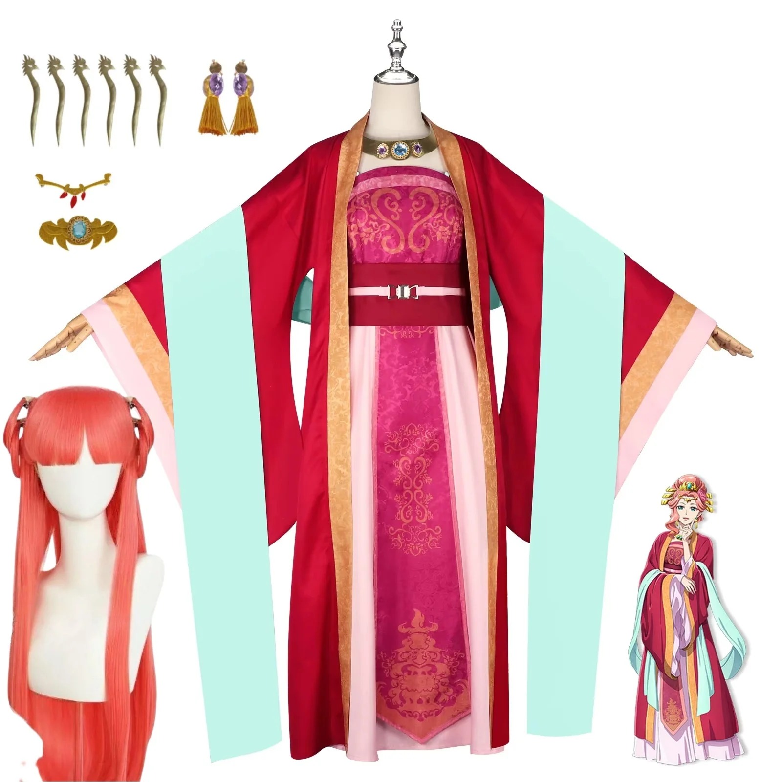 Traje da Yuye com peruca, brincos, colar e enfeites de cabelo, Diários de uma Apotecária