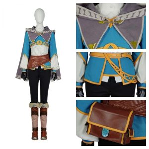 Cosplay da Princesa Zelda exploradora com top azul, bolsa de cinto, calça preta e botas