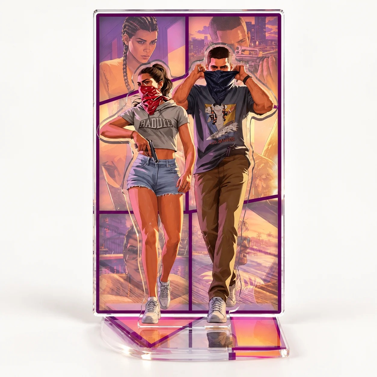 Display de acrílico alto com arte de Lucia e Jason caminhando em Vice City