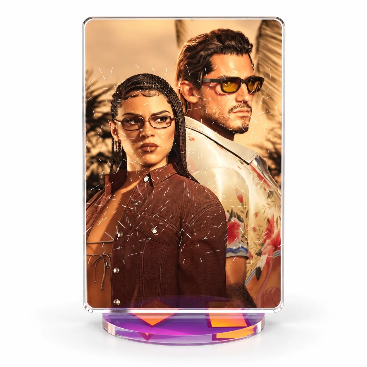 Display de acrílico com retrato dos personagens de GTA VI de óculos escuros