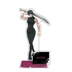 Display de acrílico da Maki Zen'in, de Jujutsu Kaisen, em pé, segurando uma espada grande, sobre base rosa