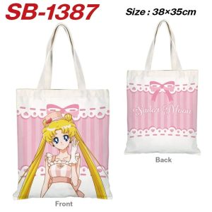 Ecobag de lona com a Usagi, de Sailor Moon, na frente e laço rosa nas costas, 38 x 35 cm