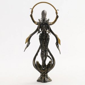 Estátua do Xenomorfo, de Alien, de frente, com a cauda em arco e detalhes dourados sobre a base