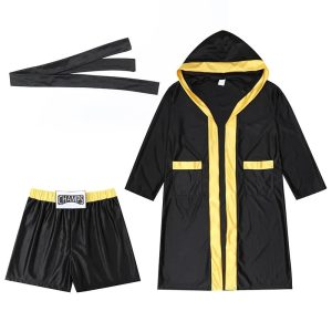 Conjunto de fantasia de boxeador: roupão preto com capuz e frisos amarelos, faixa e shorts