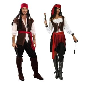 Fantasia pirata do Jack Sparrow, de Piratas do Caribe, nas versões masculina e feminina com lenço vermelho e colete
