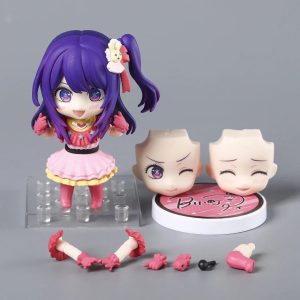 Figure chibi da Ai Hoshino, de Oshi no Ko, com rostos e mãos extras, base transparente e suporte rosa