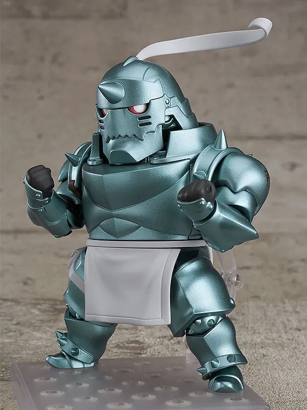 Figure do Alphonse Elric de Fullmetal Alchemist em pose de luta, armadura azul esverdeada e avental cinza