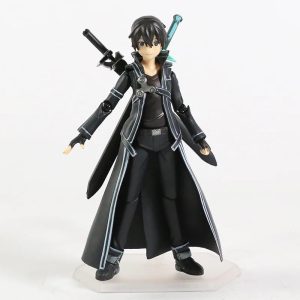 Figure articulada do Kirito, de Sword Art Online, com casaco preto e espadas nas costas, sobre base transparente
