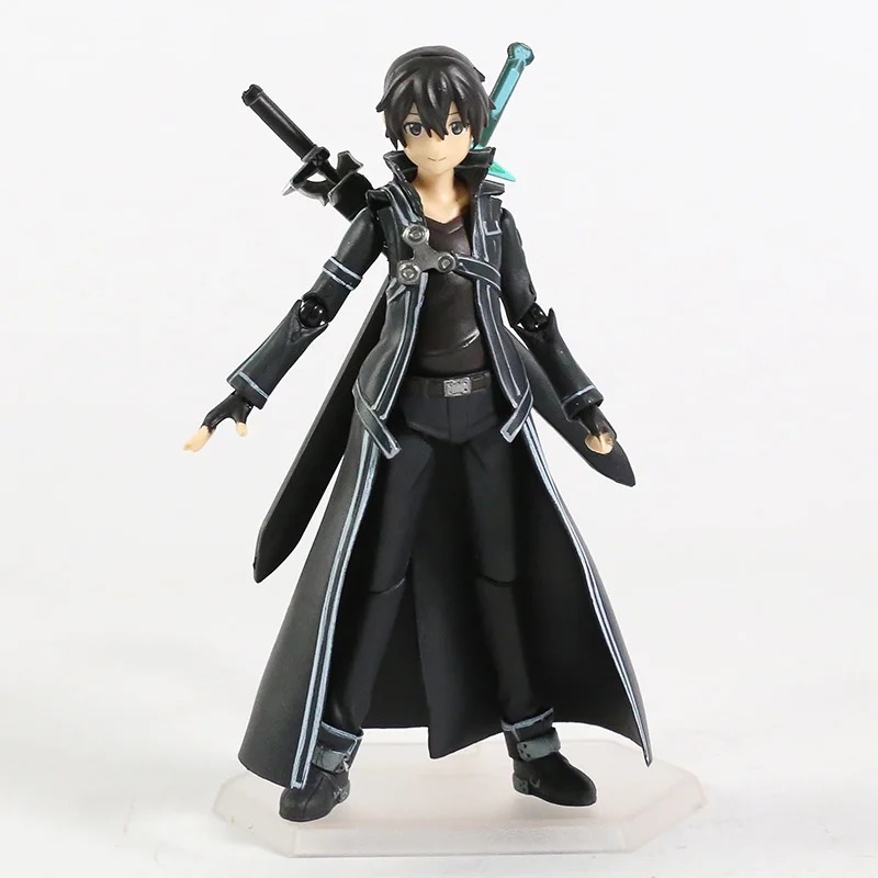 Figure articulada do Kirito, de Sword Art Online, com casaco preto e espadas nas costas, sobre base transparente