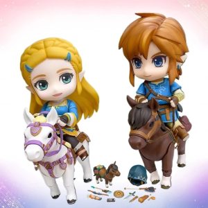 Figures chibi do Link e da Princesa Zelda montados em cavalos, com acessórios, The Legend of Zelda Breath of the Wild