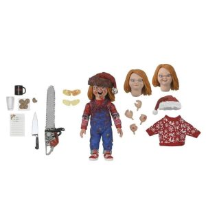 Figure articulada do Chucky em versão de Natal com serra elétrica, faca, caneca, cabeças e mãos extras