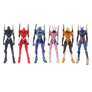 Seis figures dos Evas de Neon Genesis Evangelion lado a lado, em preto, vermelho, roxo, rosa, laranja e azul