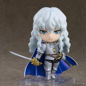 Figure chibi do Griffith, de Berserk, de armadura prata e capa azul, com a espada ao lado, sobre base transparente