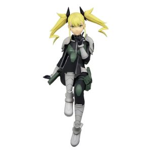 Figure da Kikoru Shinomiya, de Kaiju No. 8, sentada, com maria-chiquinha loira e traje de combate