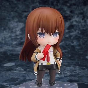 Figure chibi da Kurisu Makise de Steins;Gate com jaleco bege e gravata vermelha segurando o celular