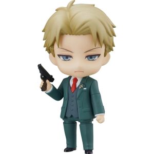 Figure chibi do Loid Forger, de Spy x Family, de terno verde com gravata vermelha e pistola na mão