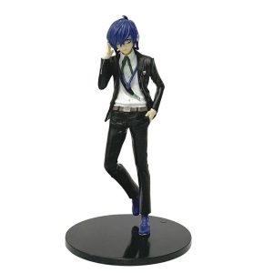 Figure do Makoto Yuki, de Persona 3, de cabelo azul, uniforme preto e mão na cabeça, sobre base redonda
