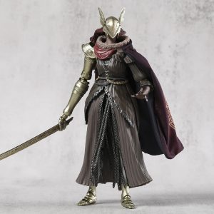 Figure articulada da Malenia, de Elden Ring, com elmo alado, armadura dourada, capa vinho e espada longa