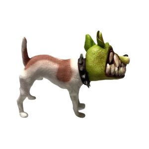Figure do cachorro Milo, de O Máscara, de lado, com a máscara verde, os dentes à mostra e a coleira de espinhos, em fundo branco